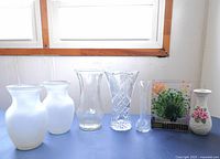 All 7 vases arranged on table showing variety in materials and colors: frosted white ceramic, clear and smoked glass, crystal, and decorative rectangular glass with peacock design.