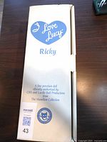 Box for I Love Lucy Ricky porcelain doll by Hamilton Collection with branding and authorized license labels.