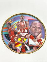 Front view of the round ceramic mini plate depicting Michael Jordan in three dynamic poses and a close-up portrait, with a colorful background and gold rim.