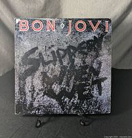 Front of the Bon Jovi 'Slippery When Wet' vinyl album cover showing textured icy background with red 'Bon Jovi' lettering and black handwritten style album title.