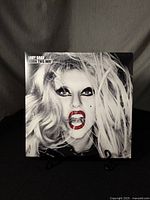 Front cover of Lady Gaga Born This Way vinyl record album showing Lady Gaga's portrait with dramatic makeup and wild hair.