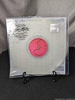 Clear vinyl record with pink label center inside plastic protective sleeve, placed on a black decorative stand.