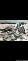 Photo of the signed painting depicting a snowy landscape with trees and rocky terrain.