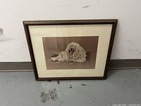 Framed lithograph of a shaggy dog lying on the ground, shown against a light wall and floor background.
