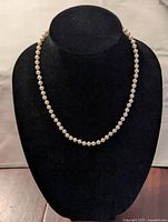 Full front view of the faux pearl necklace displayed on a black necklace stand, showing the length and uniformity of the pearls.