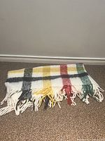 Folded view of multicolor plaid blanket with fringed tassel edges lying on carpeted floor