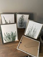 Four gold metal 8x10 photo frames displayed with plant prints inside and one frame facing backwards showing backing.