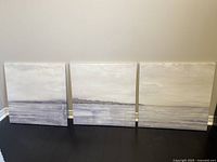 Three square wall art canvases of 22x22 inches featuring a serene, muted horizon landscape with water reflections and cloudy skies, arranged side by side on the floor.