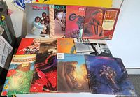 Photo showing 12 vintage vinyl record albums with a variety of cover art and artists.