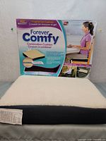 Photo of Forever Comfy Combination Cushion in packaging with usage images