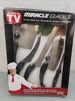Miracle Blade III 10-piece knife set in original packaging showing three knives with black handles and stainless steel blades, branded as 'As Seen On TV' with endorsement by Chef Tony.