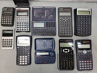 All 12 calculators and electronic organizers arranged in one image showing their size and layout variation.