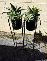 Two black metal flower pot holders each with a black flower pot containing green plants, placed outside on a paved surface against a blank wall under sunlight.