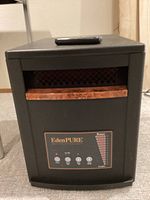 Front view of the EdenPURE infrared heater showing control panel, buttons, and wood-tone handle.