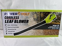 Box front view showing PowerVolt cordless leaf blower with specifications including 2 gears (7000/10500 rpm), compact motor, removable tube, lightweight body, fast charge, 20V voltage, and run-time 15-30 minutes.