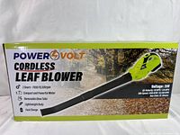 Box front displaying brand Power Volt, features including 2 gears, removable tube, lightweight body, specs for voltage (20V), air velocity, speed and run-time.