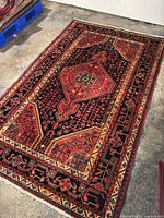 Overall view of rug laid flat on concrete floor showing full design.