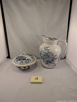 Photo of pitcher and butter dish with cover showing full view of both items