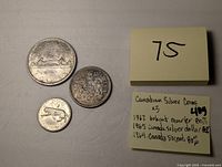 Photo of three Canadian silver coins (1967 bobcat quarter, 1965 silver dollar, 1964 50 cent) alongside notes detailing each coin and silver content.