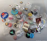 Over 40 collectible pins displayed loosely, each in its own clear plastic bag, showing assorted designs and colors.