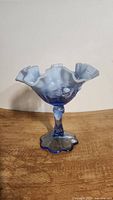 Front view showing ruffled edge, cabbage rose pattern, and silver crest on blue opal glass pedestal candy dish.
