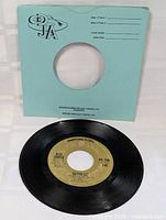 Photo showing the front side of the vinyl record with yellow label and light blue sleeve behind it.