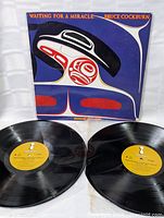 Two black vinyl records with yellow labels displayed in front of the album cover, showing the condition of both records and part of the inner sleeves.