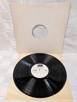 Vinyl record on top of plain white paper inner sleeve showing grooves and center label details.