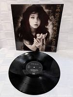 Photo showing vinyl LP record placed partially out of the album cover, front cover visible with Kate Bush photo and album title.