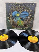 Photo showing front cover with colorful illustrated artwork and two vinyl records laid out in front