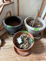 View of three planters grouped against a wall with peeling paint and wooden floor. Each planter has approximate dimensions noted on green tape: 14x13, 18x14, 12.5x12 inches.