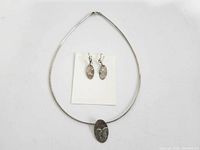 Full view of the necklace with oval pendant and matching earrings on white background