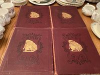 Front covers of 4 bound volumes of Punch Magazine showing dark red cloth with gold embossed figure.