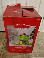 Wondershop Lit Tinsel Frog box with picture and details on front showing $50 retail price and product features.