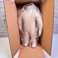 Baby toddler mannequin inside open cardboard box, partially covered with clear plastic bag