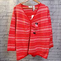 Front view of the Liz Claiborne women's top showing red and white horizontal stripes with ruched V-neck detail.