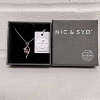 Silver-tone Swarovski pendant necklace by Nic & Syd with pink crystal inside black presentation box.
