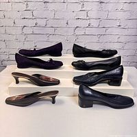 Front view of six pairs of women's shoes, featuring black leather and purple suede material in various low and mid heel styles
