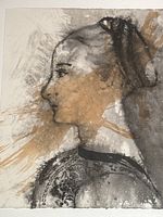 Close-up of abstract woman portrait painting showing profile, detail of face, neck and garment with brown and gray tones on textured handmade paper.