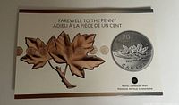 Presentation folder titled 'Farewell to the Penny' featuring a large maple leaf image and the 2012 $20 silver coin on the front, from Royal Canadian Mint.