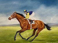 Close-up of the detailed horse and jockey painting showing vibrant colors and signature style.