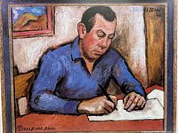 Framed painting showing a man writing, signed and captioned with artist's details