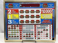 Front view of the entire Four Wild 7 slot machine reverse painted glass sign showcasing the colorful payout lines, large payout amounts, and framed construction.