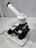 Full view of the white AmScope microscope body showing the eyepiece tube, revolving objective lenses, and arm with coarse focus knob.