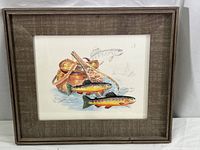Full front image of the watercolor print showing the fish, basket and nets inside a rustic wooden frame.