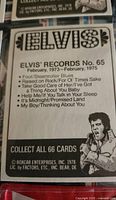 Back side of an Elvis collectible card showing 'Elvis Records No. 65' from 1973-1975 with listed songs and artwork of Elvis Presley.