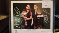 8x10 photo showing the Hardy Boys holding championship belts, autographed by both wrestlers in silver ink, with a handwritten note confirming COA.