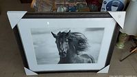 Framed black and white horse artwork with corner protectors, showing front view and details of frame.