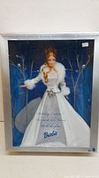 Front view of Barbie Holiday Visions doll in original box, showing doll in silver glittered white gown with fur jacket and decorated belt.