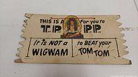 Photo of vintage rectangular bathroom sign 12 x 7 inches with illustration of Native American figure and humorous text about "T.P. Pop, Wigwam, Tom-Tom."